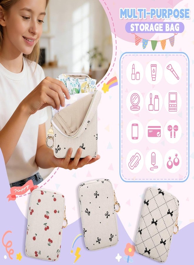 Playexen Corduroy Tampon Holder for Purse, Cute Rectangle Period Bag with Ring Buckle, Portable Tampon Bag Organizer Case for Feminine Products (Cherry-Beige - Image 4