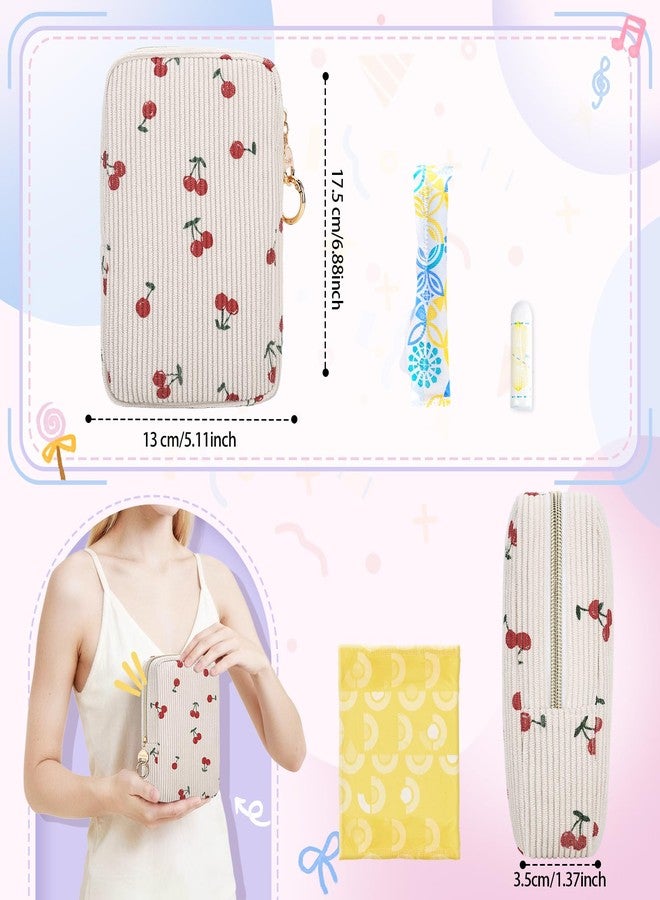 Playexen Corduroy Tampon Holder for Purse, Cute Rectangle Period Bag with Ring Buckle, Portable Tampon Bag Organizer Case for Feminine Products (Cherry-Beige - Image 2