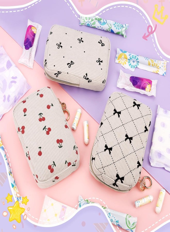 Playexen Corduroy Tampon Holder for Purse, Cute Rectangle Period Bag with Ring Buckle, Portable Tampon Bag Organizer Case for Feminine Products (Cherry-Beige - Image 5