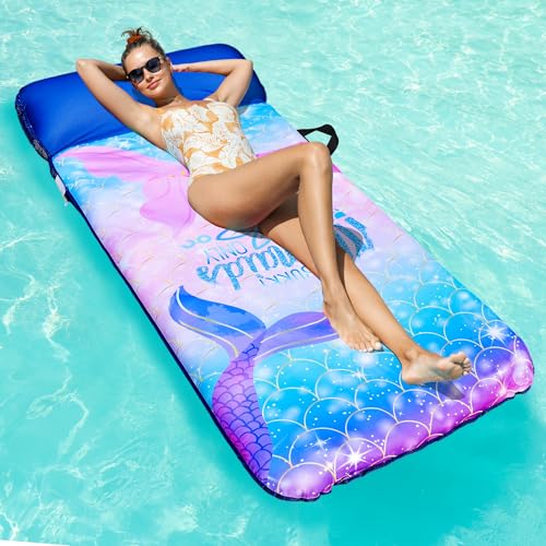 Parentswell Oversized Pool Floats for Adults 72 X 38 Extra Large Fabric Covered Pool Float with Headrest Pool Lounge Floaties for Adults Summer Pool Party Decorations Supplies Mermaid - Image 1