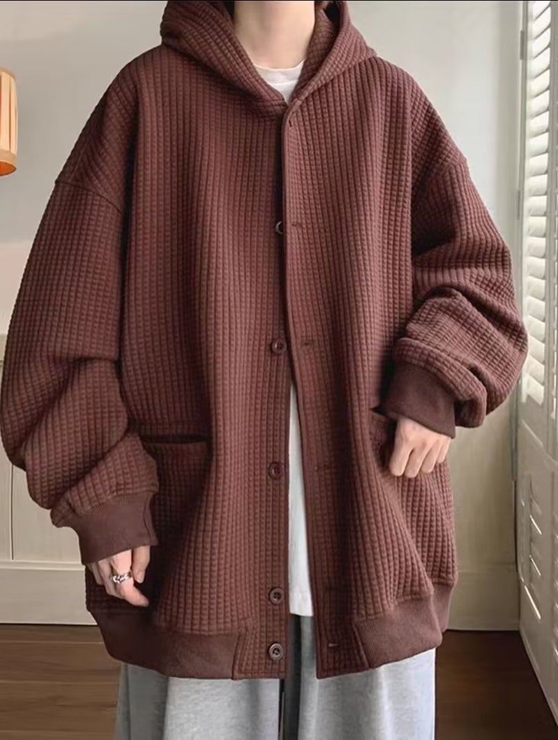 Mens Waffle Knit Hooded Cardigan Vintage Oversize Brown  - Image 1