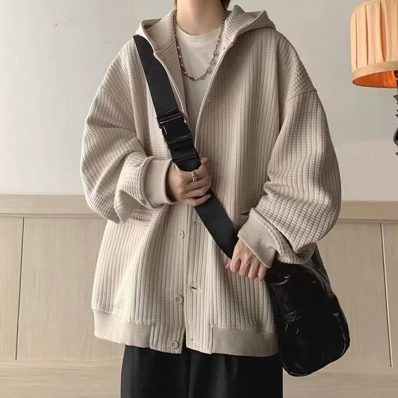 Mens Waffle Knit Hooded Cardigan Vintage Oversize Brown  - Image 3