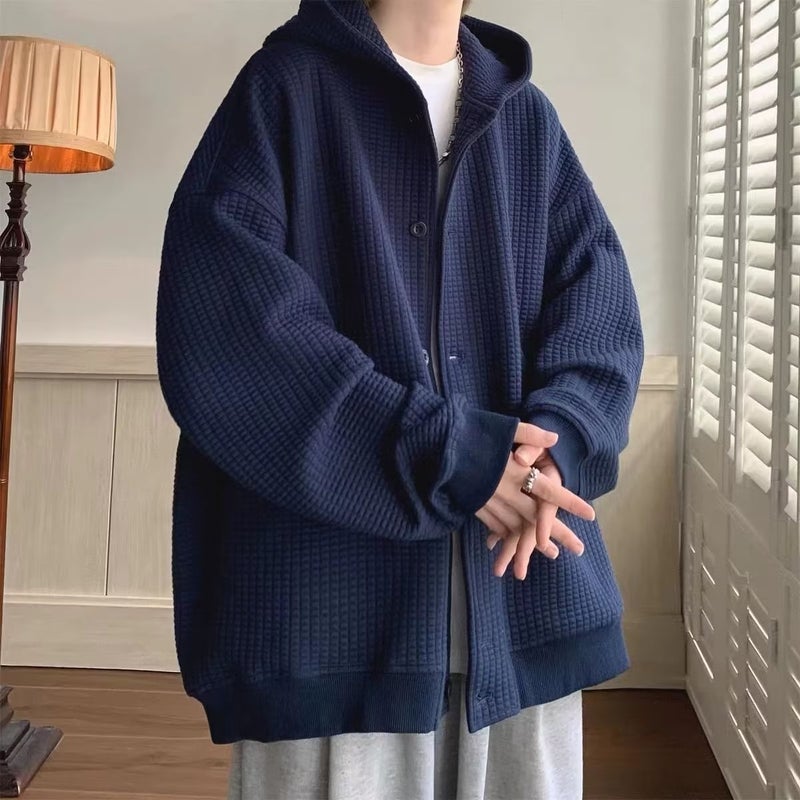 Mens Waffle Knit Hooded Cardigan Vintage Oversize Brown  - Image 4