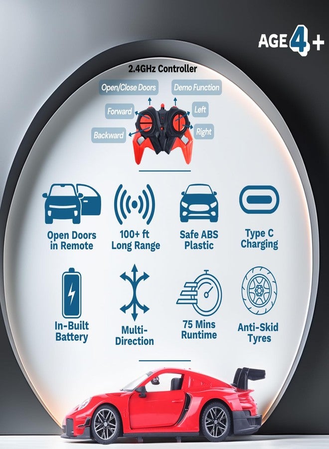 Popsugar Door Opening Remote Control Car|Rechargeable 1200mAh Lithium Battery|C-Type Charging|75-Min Runtime|2.4G Long Range Remote (100+ ft)|HighSpeed RC Car|Gift for Kids|Made in India (Red) - Image 2