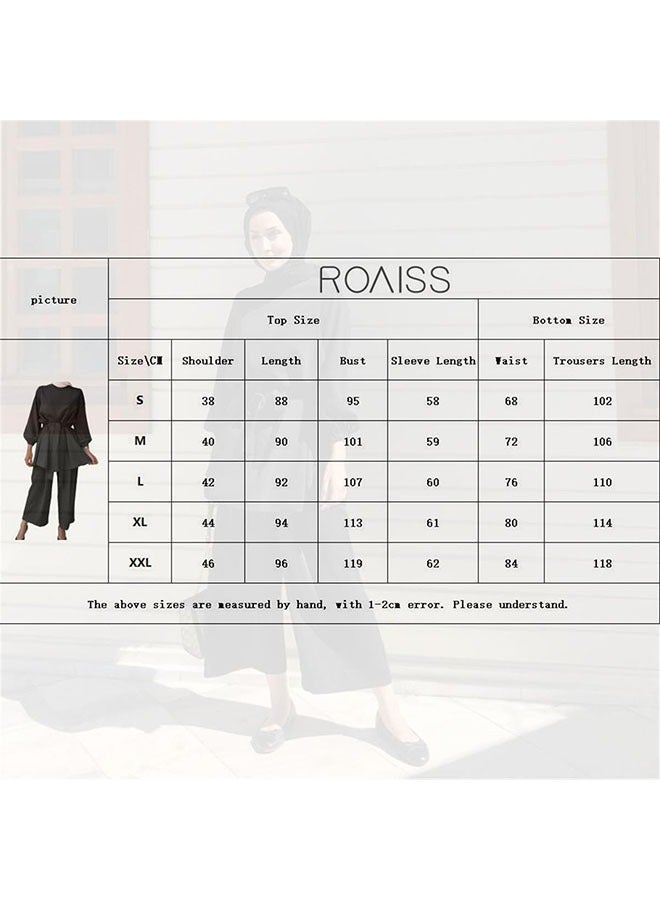 roaiss Women's Fashion Casual 2 Piece Suit Solid Color Waist Waist Lace Up Round Neck Top Loose Drop Feeling Wide Leg Pants Eid Al Adha  - Image 3