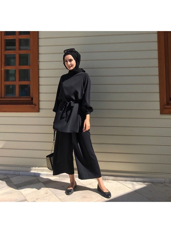 roaiss Women's Fashion Casual 2 Piece Suit Solid Color Waist Waist Lace Up Round Neck Top Loose Drop Feeling Wide Leg Pants Eid Al Adha  - Image 4