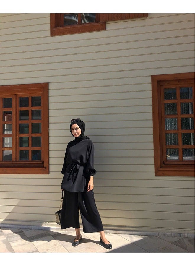 roaiss Women's Fashion Casual 2 Piece Suit Solid Color Waist Waist Lace Up Round Neck Top Loose Drop Feeling Wide Leg Pants Eid Al Adha  - Image 5