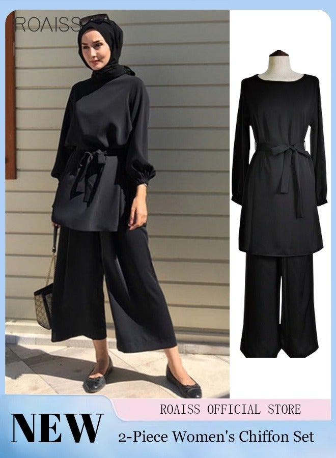 roaiss Women's Fashion Casual 2 Piece Suit Solid Color Waist Waist Lace Up Round Neck Top Loose Drop Feeling Wide Leg Pants Eid Al Adha  - Image 2