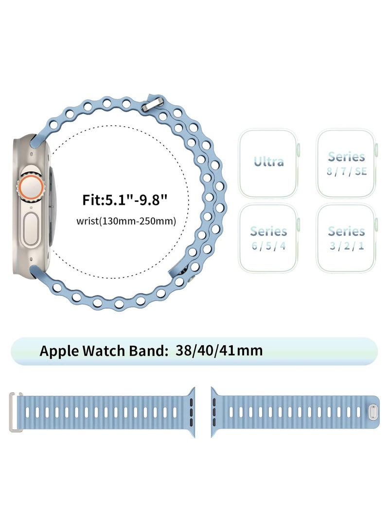 ICARLUS Ocean Band Compatible with Apple Watch Ultra Band 41/40/38mm Men Women, Soft Silicone Sport Band Replacement Strap for Apple Watch Ultra2/Ultra iWatch Series 9 8 7 SE 6 5 4 3 2 1 Thin Fog Blue  - Image 2