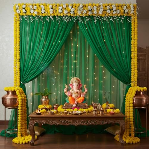 Party Propz Green Backdrop Decoration Set - 3Pcs Green Backdrop Cloth for Decoration 2pc & Ribbon 1pc, Mehendi Decorations Items for Home, Net Curtain Decor, Mehandi Backdrop Decorations(Satin Mix) - Image 3