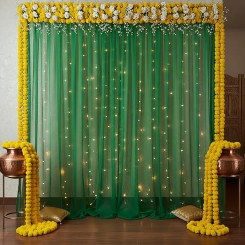 Party Propz Green Backdrop Decoration Set - 3Pcs Green Backdrop Cloth for Decoration 2pc & Ribbon 1pc, Mehendi Decorations Items for Home, Net Curtain Decor, Mehandi Backdrop Decorations(Satin Mix) - Image 1