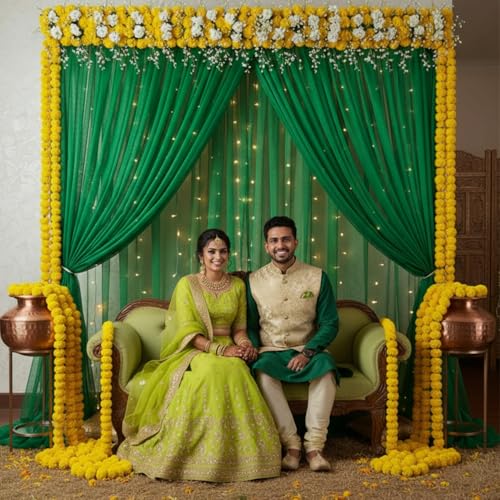 Party Propz Green Backdrop Decoration Set - 3Pcs Green Backdrop Cloth for Decoration 2pc & Ribbon 1pc, Mehendi Decorations Items for Home, Net Curtain Decor, Mehandi Backdrop Decorations(Satin Mix) - Image 5