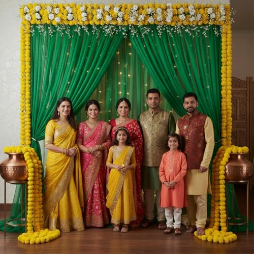Party Propz Green Backdrop Decoration Set - 3Pcs Green Backdrop Cloth for Decoration 2pc & Ribbon 1pc, Mehendi Decorations Items for Home, Net Curtain Decor, Mehandi Backdrop Decorations(Satin Mix) - Image 4