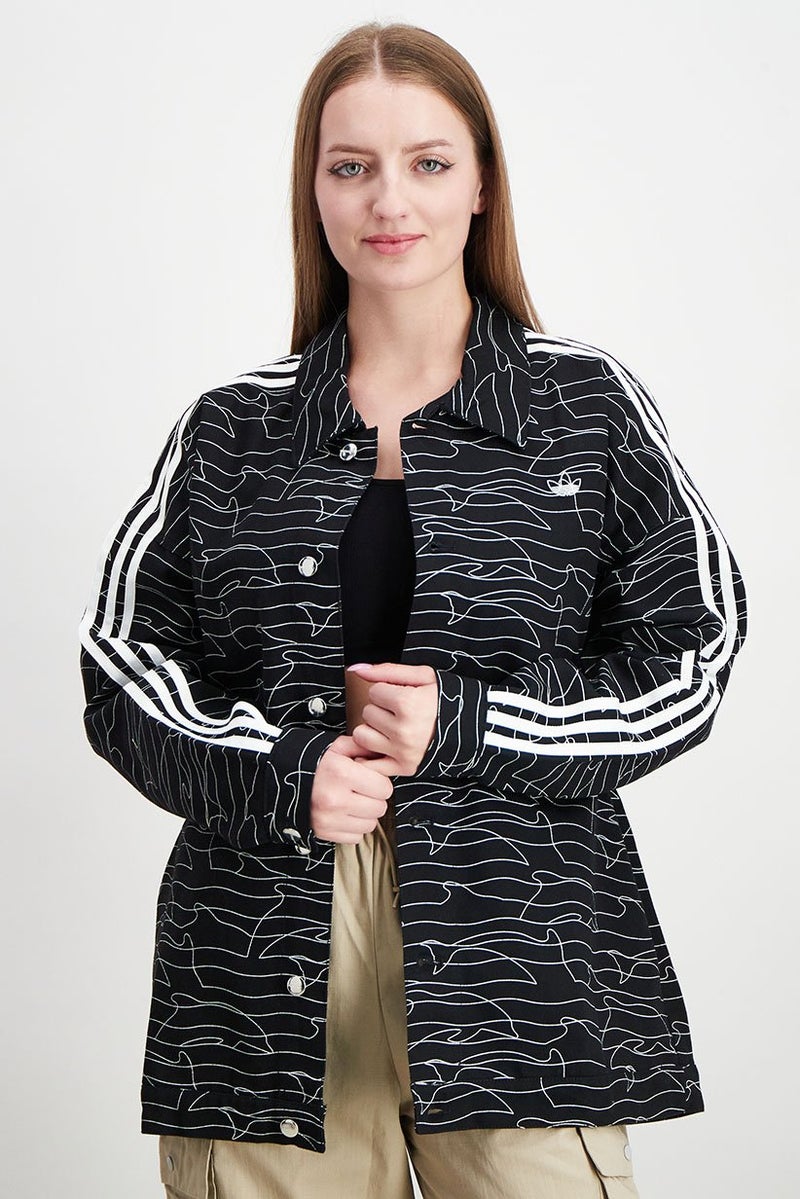adidas Originals Women Stripe Denim Jacket, Black and White  - Image 1