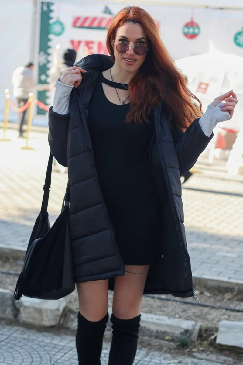 Barbora Winter Hooded Long Women's Puffer Coat TR805BLACK