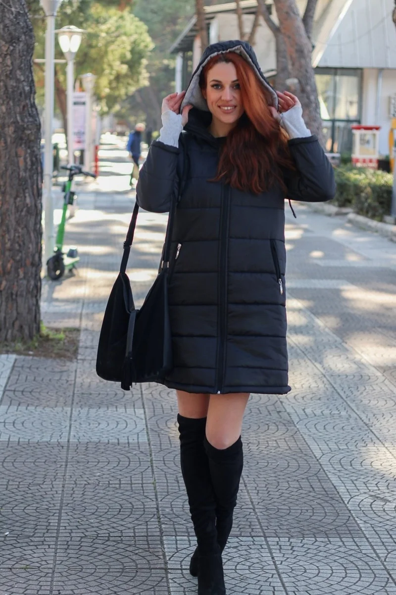 Barbora Winter Hooded Long Women's Puffer Coat TR805BLACK