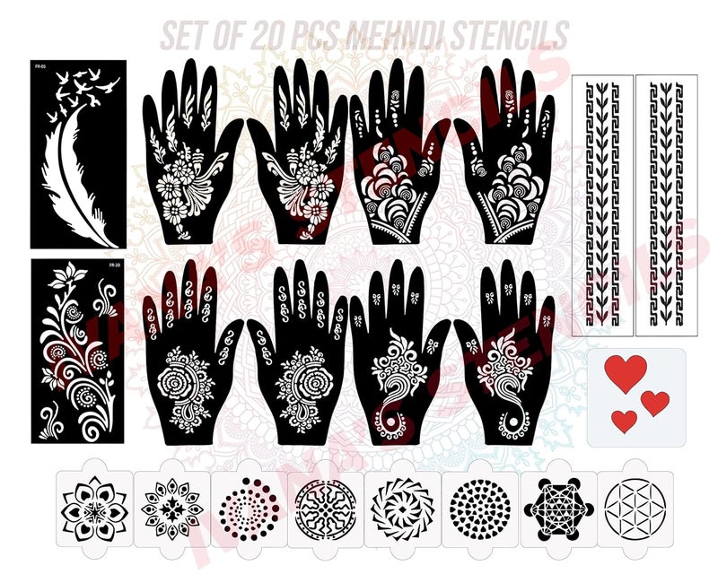 ivana's Ivanas Set of 20 Pcs Combo Pack Reusable Mehandi Design Sticker Stencils for Both Hand  Mehendi Stencil Durable  Quick and Easy to Use for Girls Women Kids  Teen D2128 - Image 1
