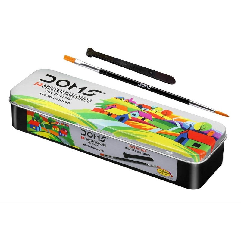 DOMS Doms 14 Shades Poster Colours Rich Vibrant Colors Free Agigator Brush Inside For Uniform Mixing NonToxic Safe For Childrens Pack of 1 - Image 1