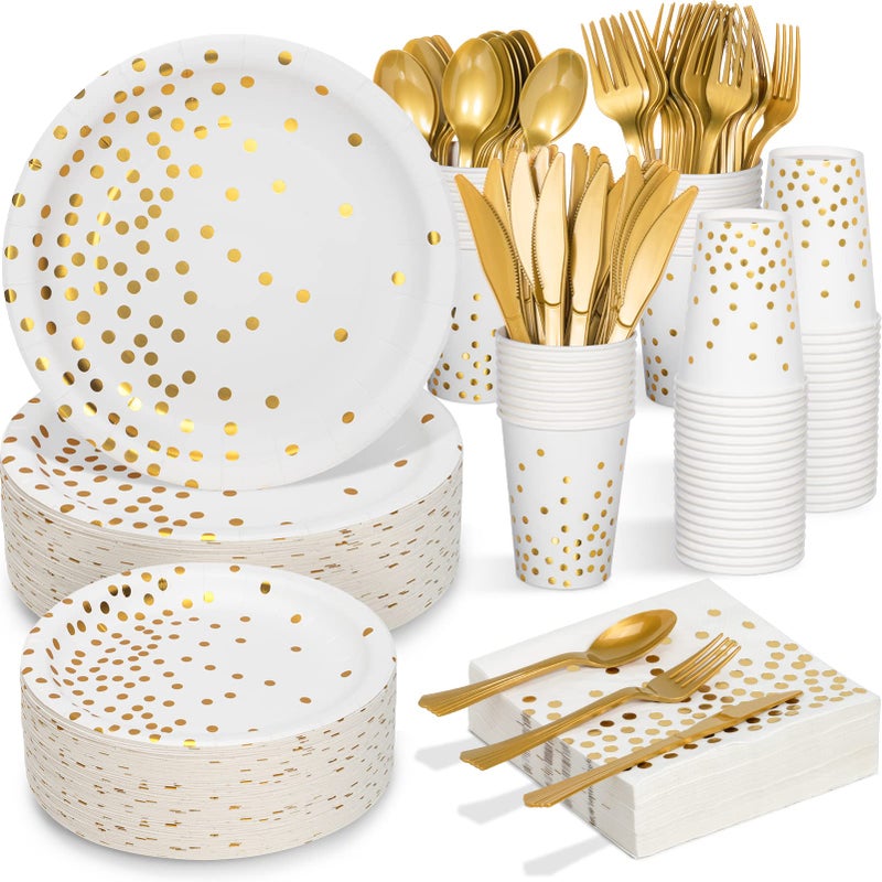 Tiblue White and Gold Party Supplies 350PCS Disposable Dinnerware Set wWhite Paper Plates Napkin Cups Plastic Forks Knives Spoon for Women Men Birthday Christmas Retirement New Year Eve 2025 Decorations 