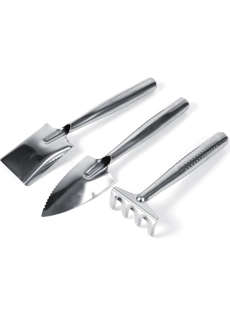 SYOSI Mini Gardening Plant Pot Tools 3 Pack Stainless Steel Small Handheld Shovel Spade Rake Gardening Work Set Kids Toy Gifts for Succulent Cactus Herbs Indoor Miniature Plants  - Image 1