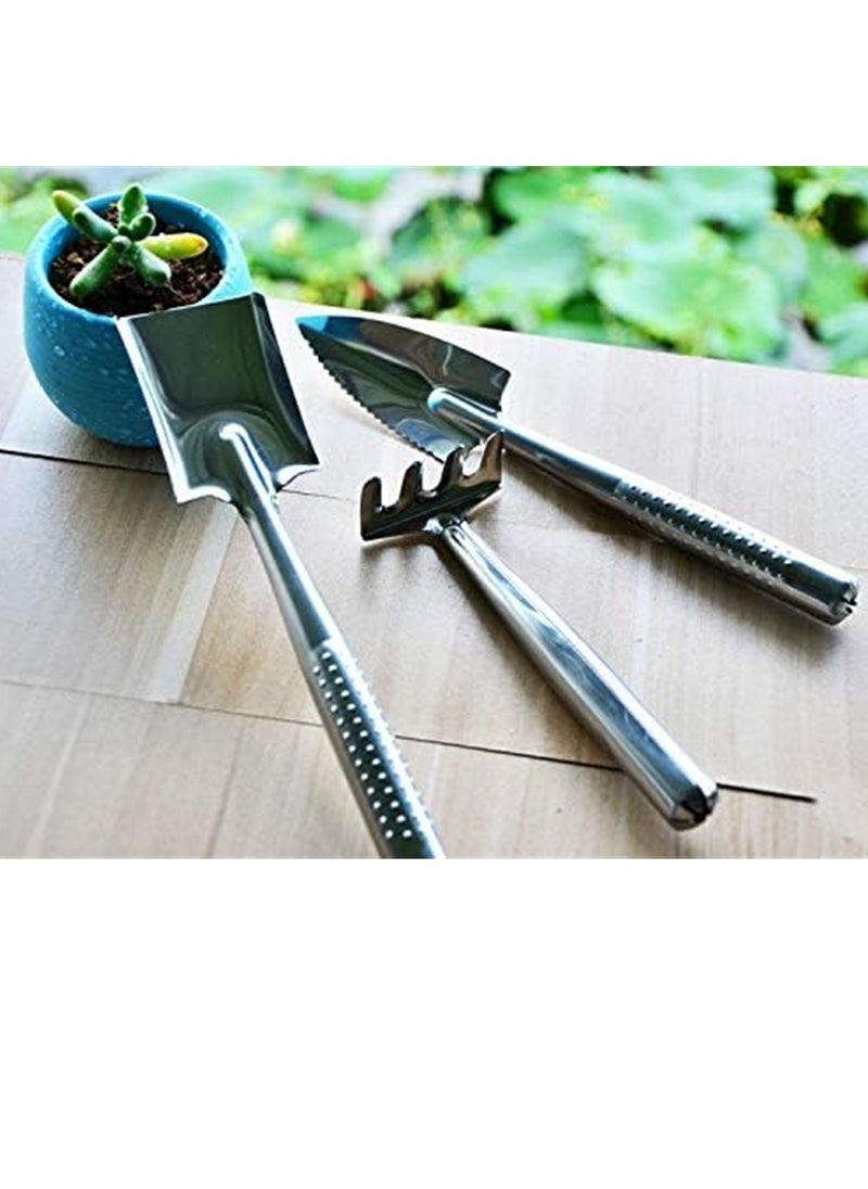 SYOSI Mini Gardening Plant Pot Tools 3 Pack Stainless Steel Small Handheld Shovel Spade Rake Gardening Work Set Kids Toy Gifts for Succulent Cactus Herbs Indoor Miniature Plants  - Image 4