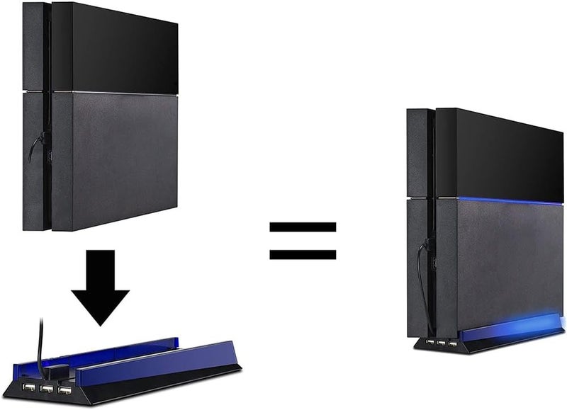 KlsyChry Stand with HUB & Blue Light for PS4, Blue Led Light Vertical Stand Base with 3 USB HUB Port for Sony PlayStation 4 PS4 Console (Black) - Image 1