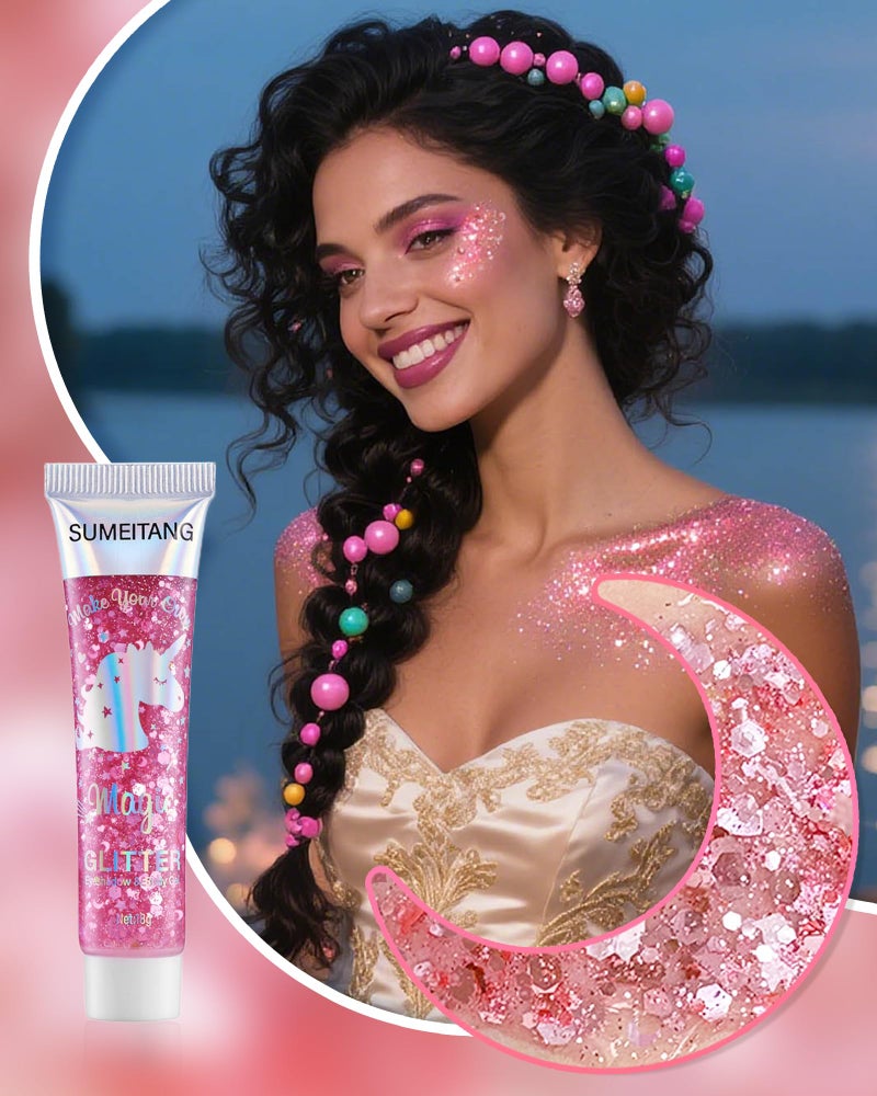 SUMEITANG 6PCS Pink Face Body Glitter Gelï¼ŒMermaid Holographic Sequins Chunky Glitter Paint for Party Singer Concerts Music Festival Rave Accessories for Girls Women Face Body Hair Sparkling Makeup - Image 2