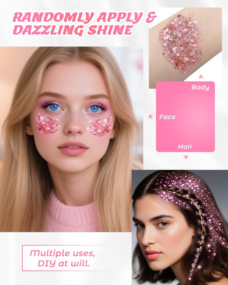 SUMEITANG 6PCS Pink Face Body Glitter Gelï¼ŒMermaid Holographic Sequins Chunky Glitter Paint for Party Singer Concerts Music Festival Rave Accessories for Girls Women Face Body Hair Sparkling Makeup - Image 5