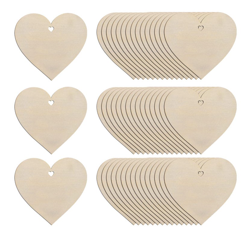 80Pcs 3 Wooden Hearts for Crafts Wood Predrilled Hearts Cutout Slices DIY Unfinished Wooden Ornaments Embellishments Heart Sign Tag for Valentines Day Birthday Party Wedding Guest Book Decor