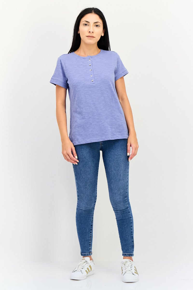 NINE WEST Women Henley Neck Short Sleeve Heather T-Shirt, Slate Blue - Image 4