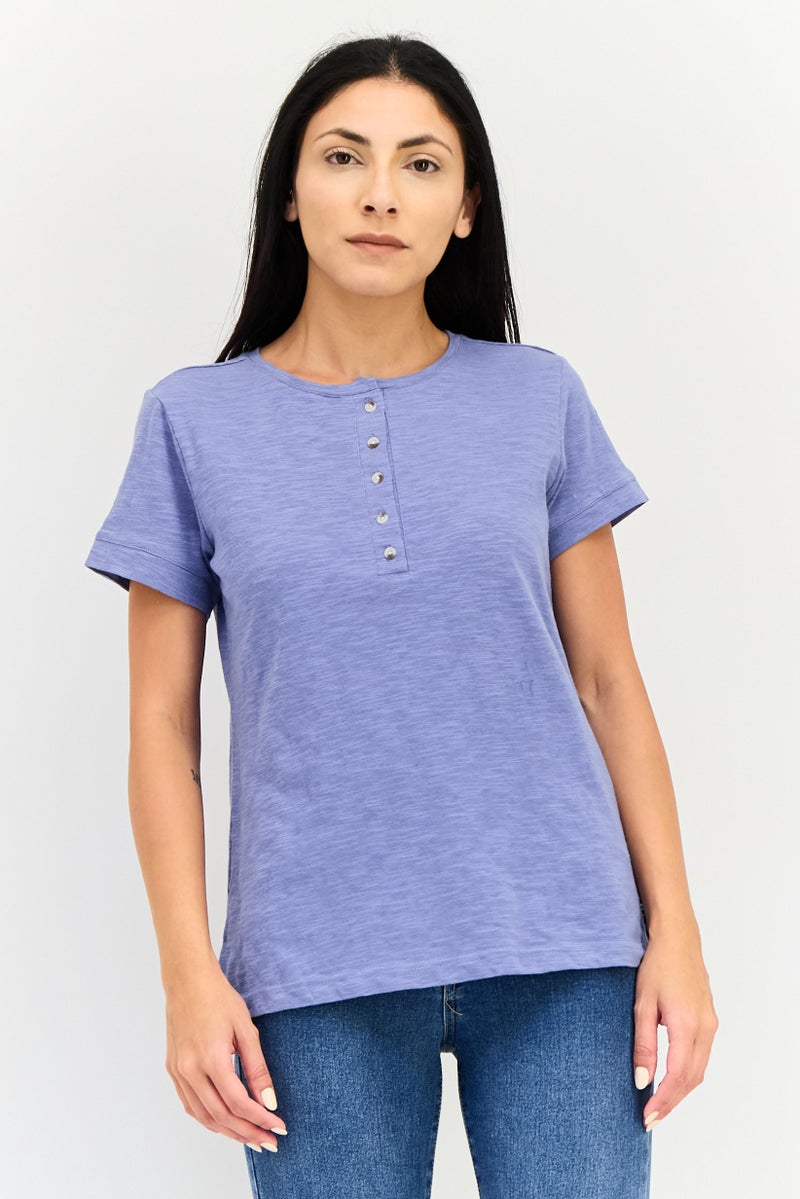 NINE WEST Women Henley Neck Short Sleeve Heather T-Shirt, Slate Blue - Image 1