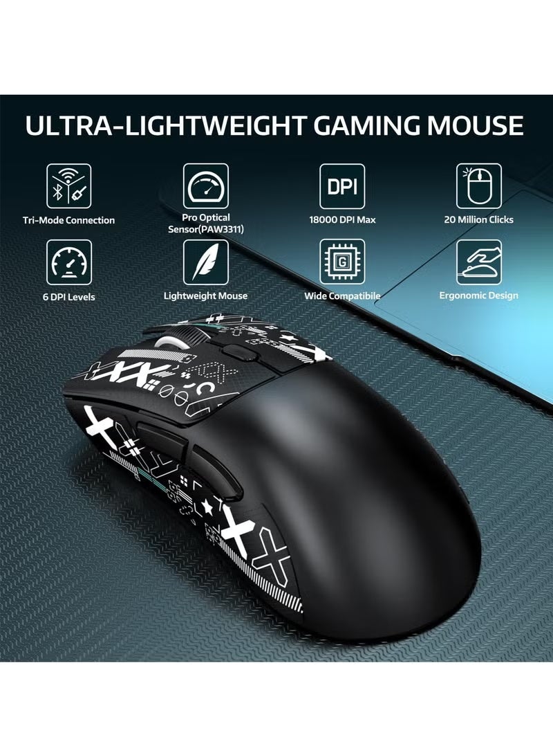 هجوم القرش ماوس R1 فائق الخفة بوزن 59 غرامًا مع شريط، ماوس ألعاب لاسلكي/سلكي بتقنية بلوتوث/2.4 جيجا هرتز، قابل للتعديل بستة مستويات DPI حتى 18000، بطارية تدوم حتى 65 ساعة - Image 2