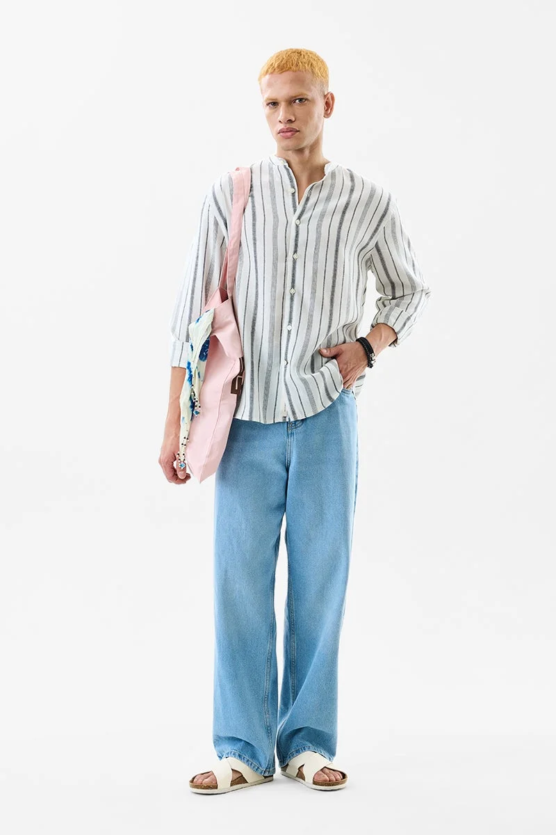 SNITCH Off White Striped Long Sleeve Regular Fit Shirt