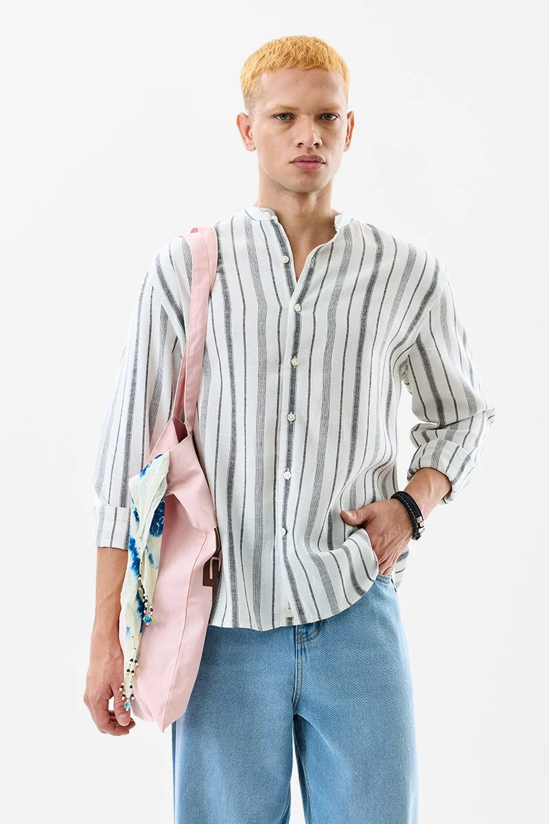 SNITCH Off White Striped Long Sleeve Regular Fit Shirt