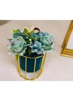 Home Elements HOME ELEMENTS Tabletop Artificial Flowers in Metal Frame Vase for Home Decor Centre Table Showpiece Artificial Flower Blue Pots for Living Room Office New Home Decoration Gift - 10x17cm  - Image 2