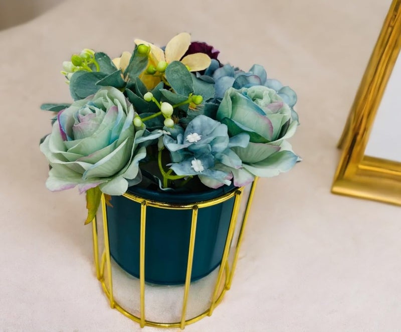 HOME ELEMENTS Tabletop Artificial Flowers in Metal Frame Vase for Home Decor Centre Table Showpiece Artificial Flower Blue Pots for Living Room Office New Home Decoration Gift - 10x17cm - Image 2