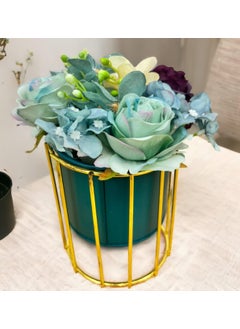 Home Elements HOME ELEMENTS Tabletop Artificial Flowers in Metal Frame Vase for Home Decor Centre Table Showpiece Artificial Flower Blue Pots for Living Room Office New Home Decoration Gift - 10x17cm  - Image 1