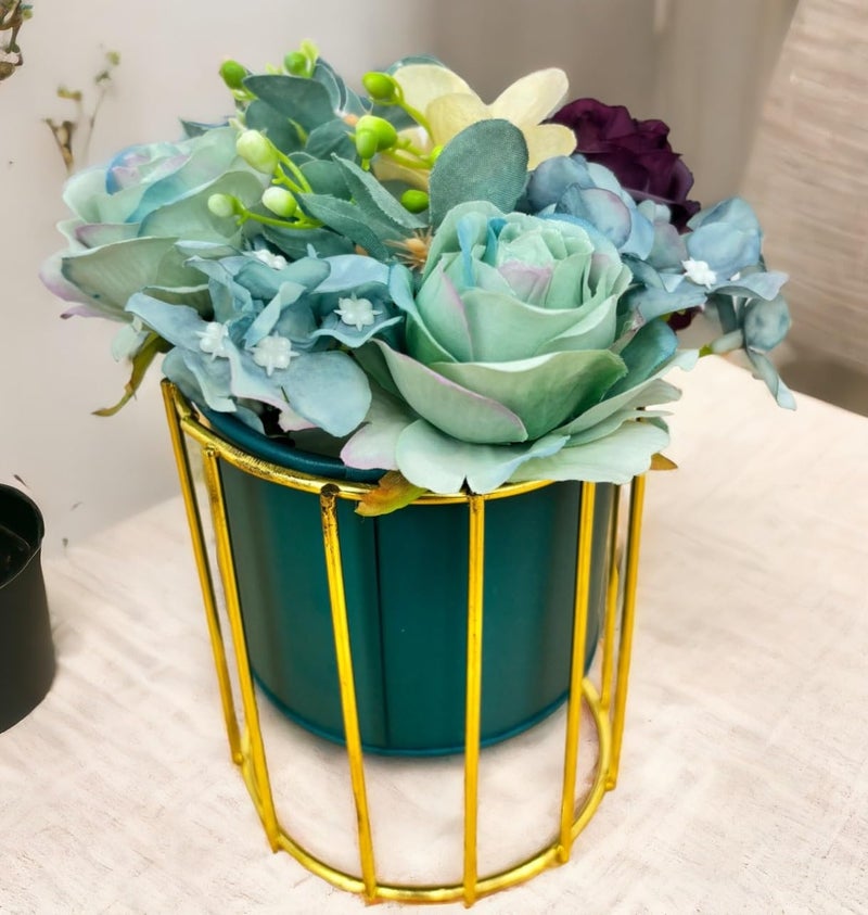 HOME ELEMENTS Tabletop Artificial Flowers in Metal Frame Vase for Home Decor Centre Table Showpiece Artificial Flower Blue Pots for Living Room Office New Home Decoration Gift - 10x17cm - Image 1