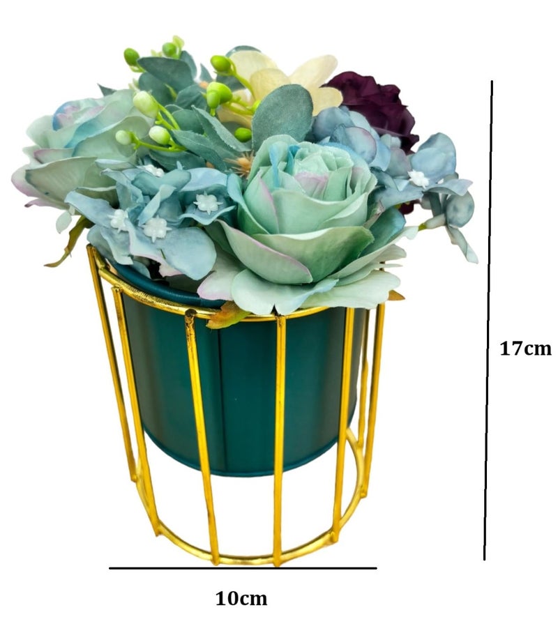 HOME ELEMENTS Tabletop Artificial Flowers in Metal Frame Vase for Home Decor Centre Table Showpiece Artificial Flower Blue Pots for Living Room Office New Home Decoration Gift - 10x17cm - Image 3