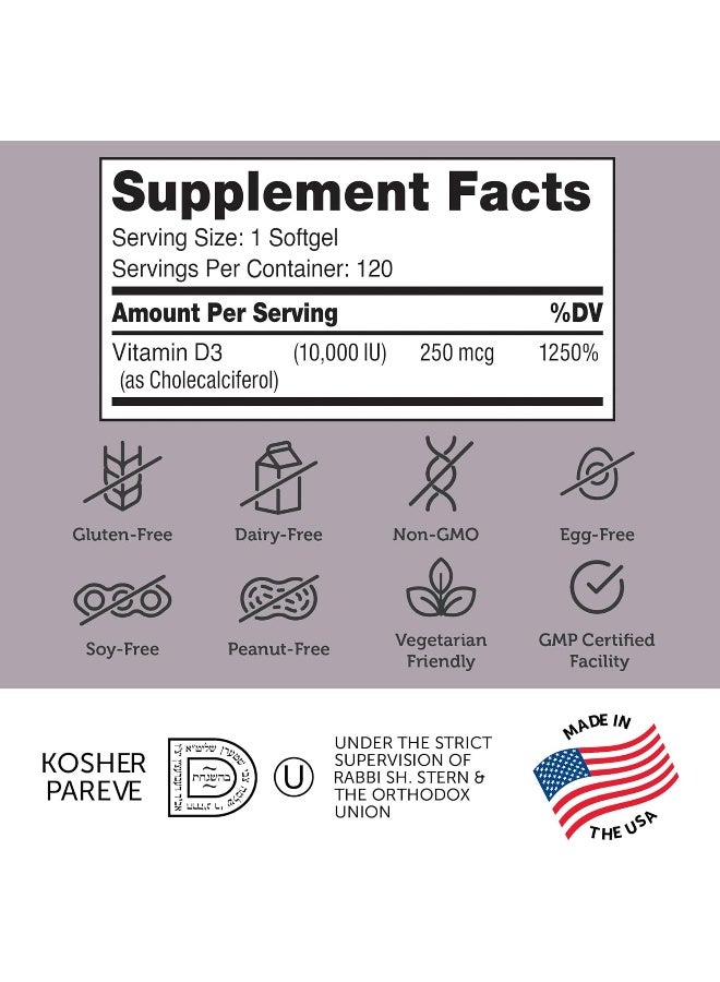 Vitamin D3 10,000 Iu, An All-Natural Supplement Supporting Bone Muscle Teeth And Immune System, Certified Kosher, 120 Softgels