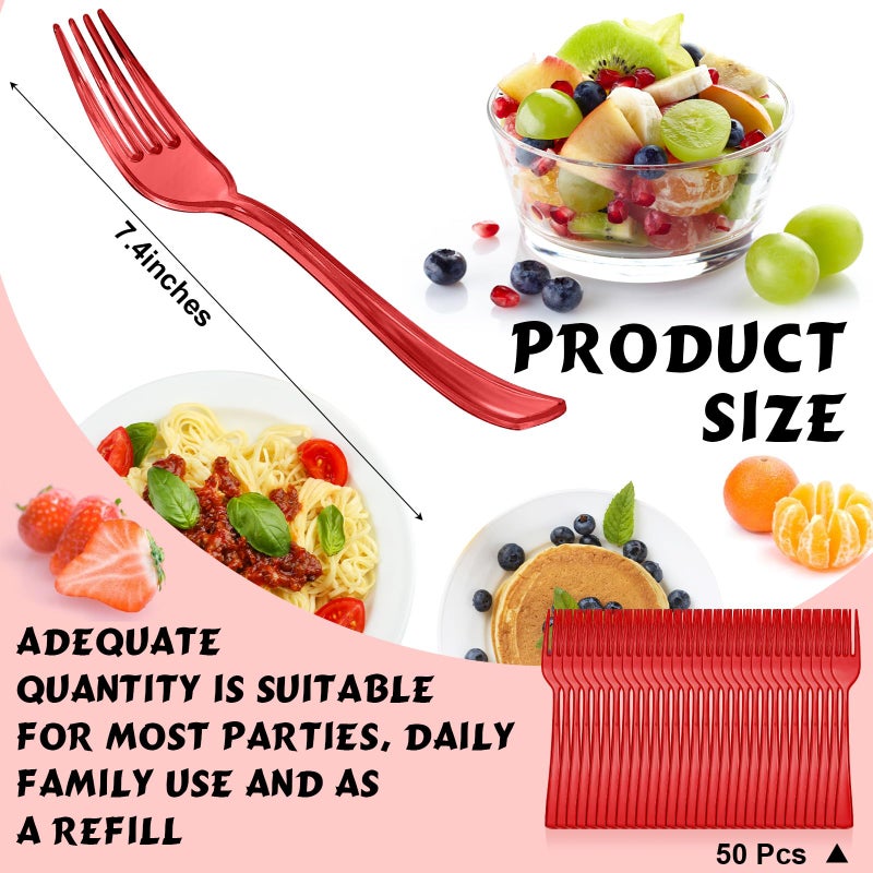 Minatee 50 Pcs Plastic Forks Disposable Cutlery Heavy Duty Dinnerware Plastic Silverware Flatware for Parties Supplies Dessert Picnics Holiday House(Red) - Image 2