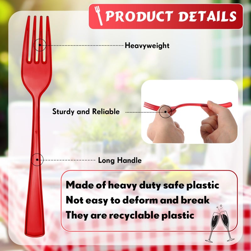Minatee 50 Pcs Plastic Forks Disposable Cutlery Heavy Duty Dinnerware Plastic Silverware Flatware for Parties Supplies Dessert Picnics Holiday House(Red) - Image 3
