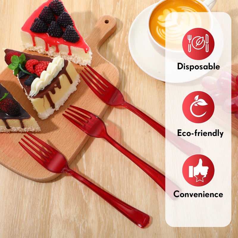 Minatee 50 Pcs Plastic Forks Disposable Cutlery Heavy Duty Dinnerware Plastic Silverware Flatware for Parties Supplies Dessert Picnics Holiday House(Red) - Image 5