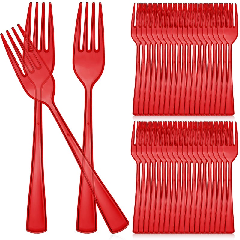 Minatee 50 Pcs Plastic Forks Disposable Cutlery Heavy Duty Dinnerware Plastic Silverware Flatware for Parties Supplies Dessert Picnics Holiday House(Red) - Image 1
