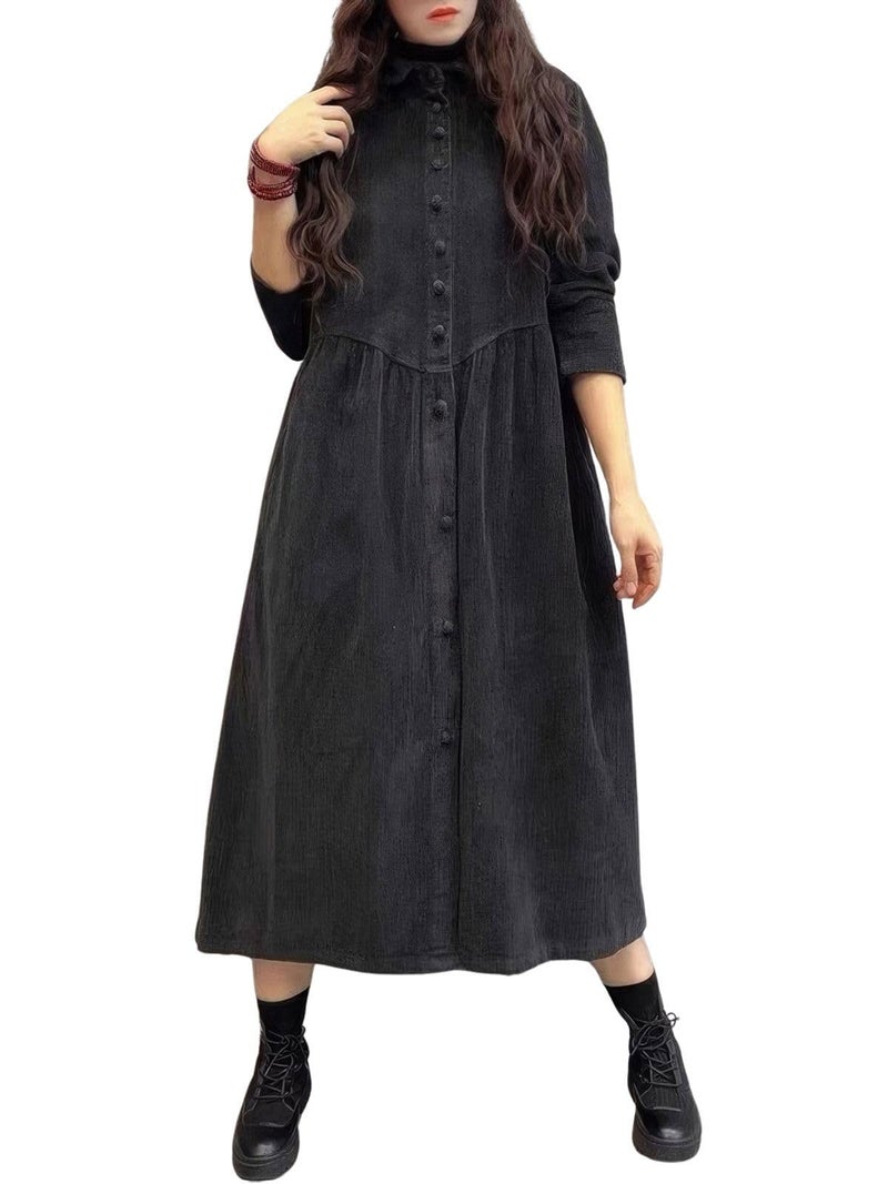 ebossy Womens Corduroy Button Down Shirt Dress Long Sleeve Lapel A-Line Pleated Midi Long Dress with Pockets (XL, Black) - Image 1