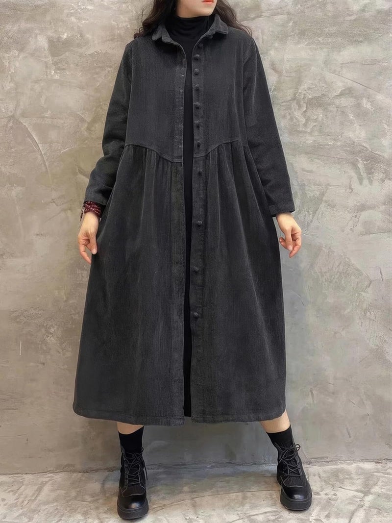 ebossy Womens Corduroy Button Down Shirt Dress Long Sleeve Lapel A-Line Pleated Midi Long Dress with Pockets (XL, Black) - Image 2