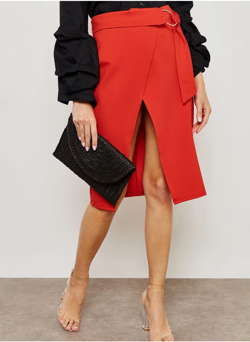 ELLA Wrap Front Ring Buckle Midi Skirt