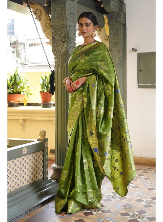 Subham Subham Women's Silk Cotton Banarasi Soft Saree with Blouse Piece | Jacquard Design Kanjivaram Sarees (45876 - Mehandi Green, Golden) - Image 3