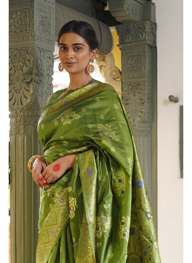 Subham Subham Women's Silk Cotton Banarasi Soft Saree with Blouse Piece | Jacquard Design Kanjivaram Sarees (45876 - Mehandi Green, Golden) - Image 5