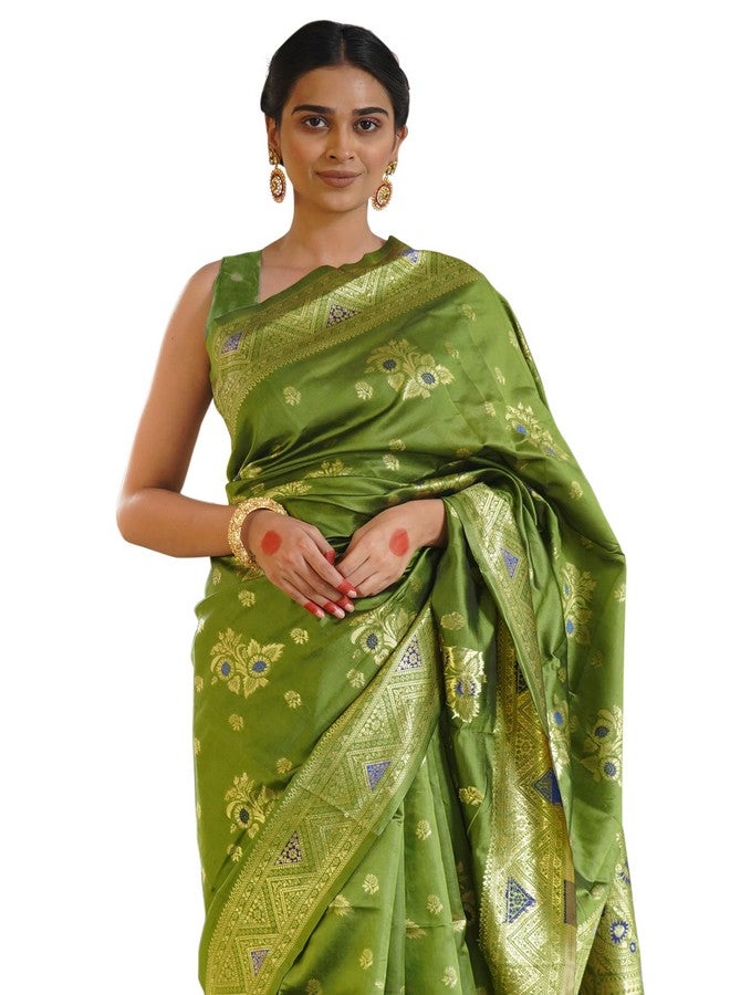 Subham Subham Women's Silk Cotton Banarasi Soft Saree with Blouse Piece | Jacquard Design Kanjivaram Sarees (45876 - Mehandi Green, Golden) - Image 1